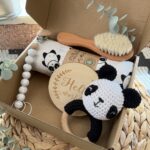 κουτί δώρου για νεογέννητο με κλιπ πιπίλας ,κουδουνίστρα πλεκτή ,χτενάκι πάνα αγκαλιάς ,σχέδιο πάντα