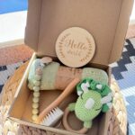 κουτί δώρου για νεογέννητο με κλιπ πιπίλας ,κουδουνίστρα πλεκτή ,χτενάκι πάνα αγκαλιάς ,σχέδιο δεινόσαυρος Baby Gift Box Dino