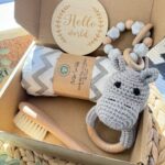 κουτί δώρου για νεογέννητο με κλιπ πιπίλας ,κουδουνίστρα πλεκτή ,χτενάκι πάνα αγκαλιάς ,σχέδιο ιπποπόταμος