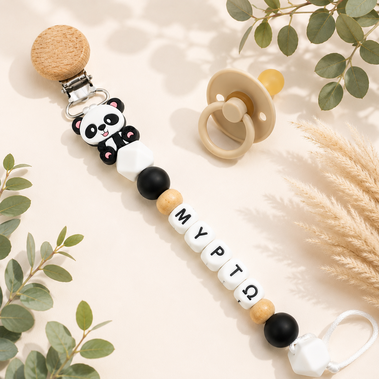 Χειροποίητο Κλιπ Πιπίλας 'Panda' Με Όνομα Χειροποίητο Κλιπ Πιπίλας 'Panda' Με Όνομα